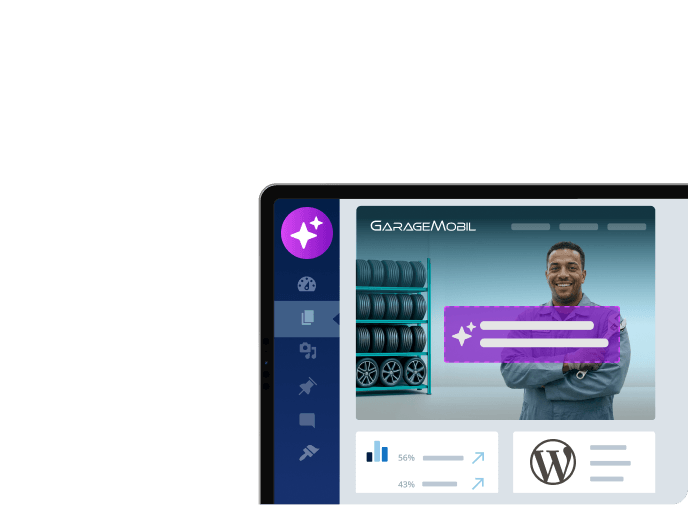 WordPress website editor with a business website preview and content editing tools.
